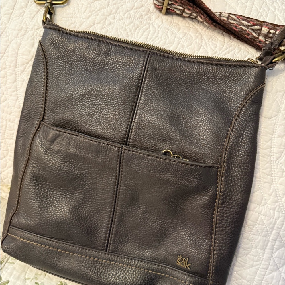 The Sak Dark Brown Pebbled Leather Crossbody with Patterned Strap